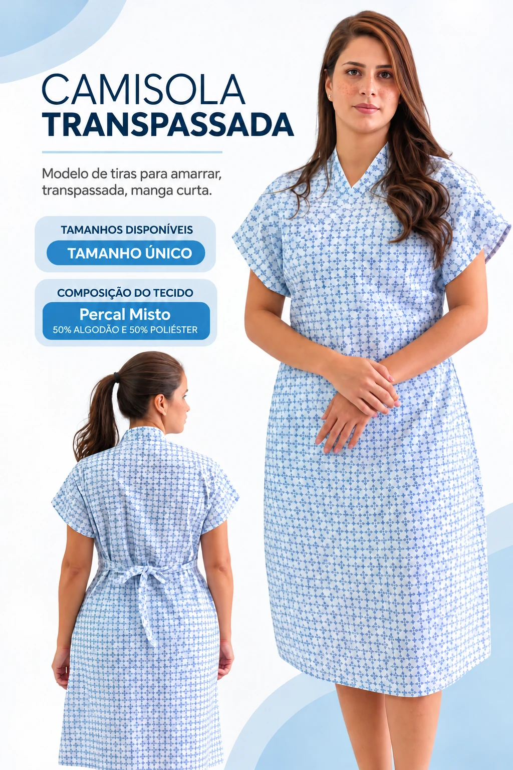 Camisola transpassada em percal misto, modelo de tiras para amarrar, manga curta, tamanho único