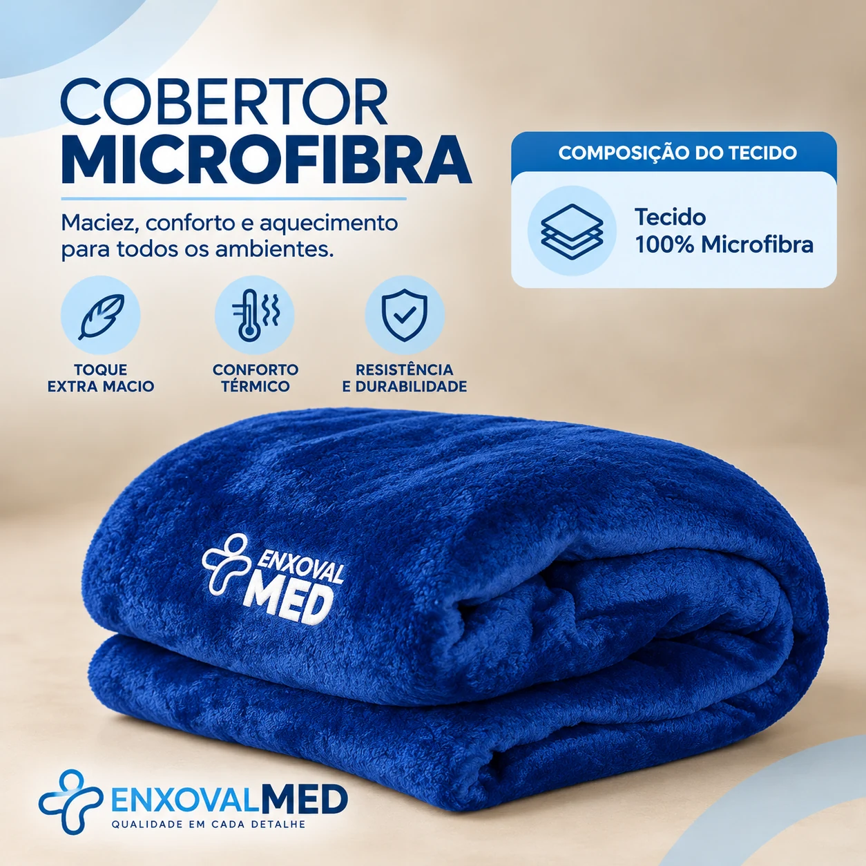 Cobertor azul em 100% microfibra com logotipo EnxovalMed