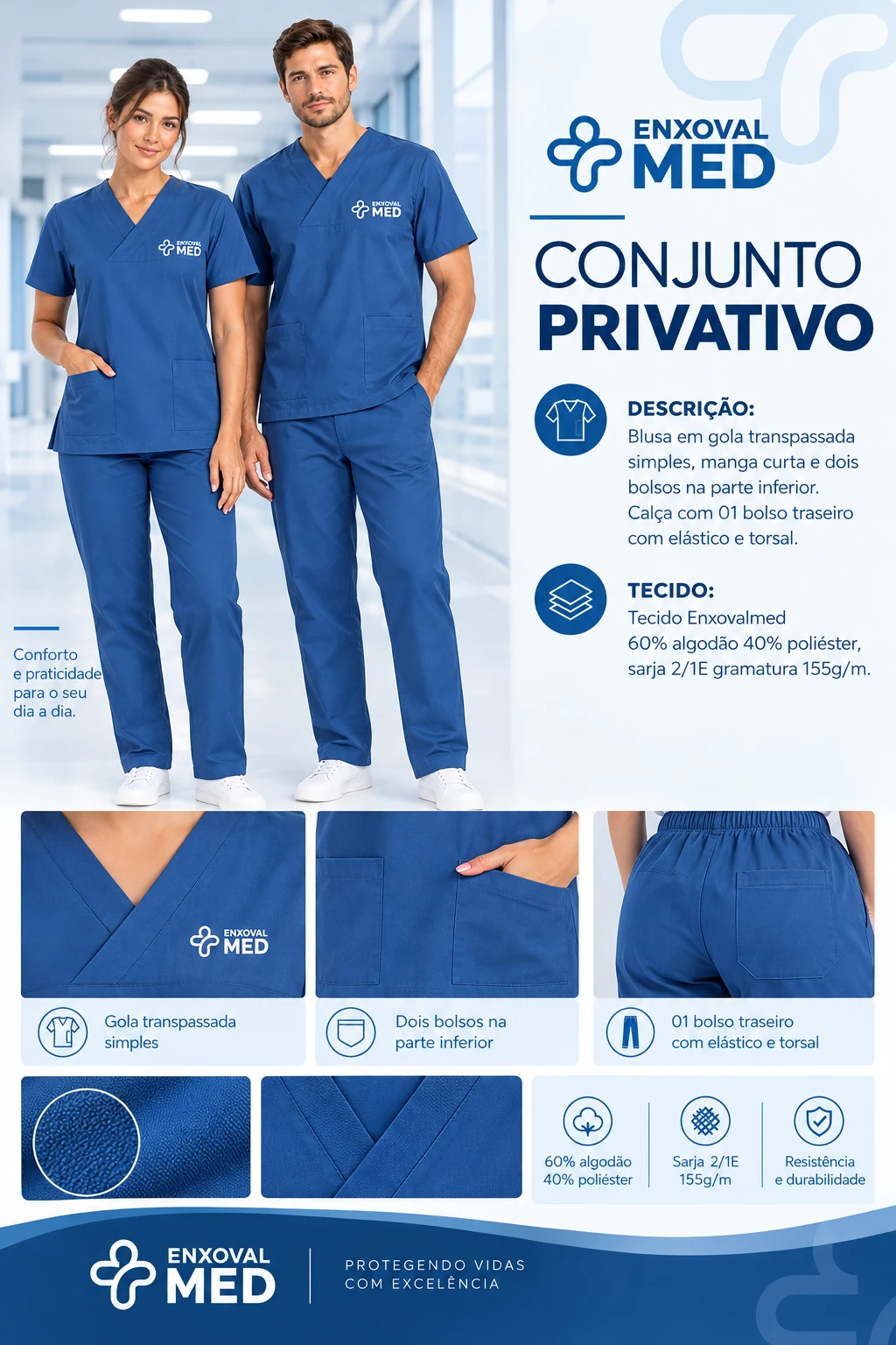 Conjunto privativo azul EnxovalMed com blusa gola transpassada e calça com elástico