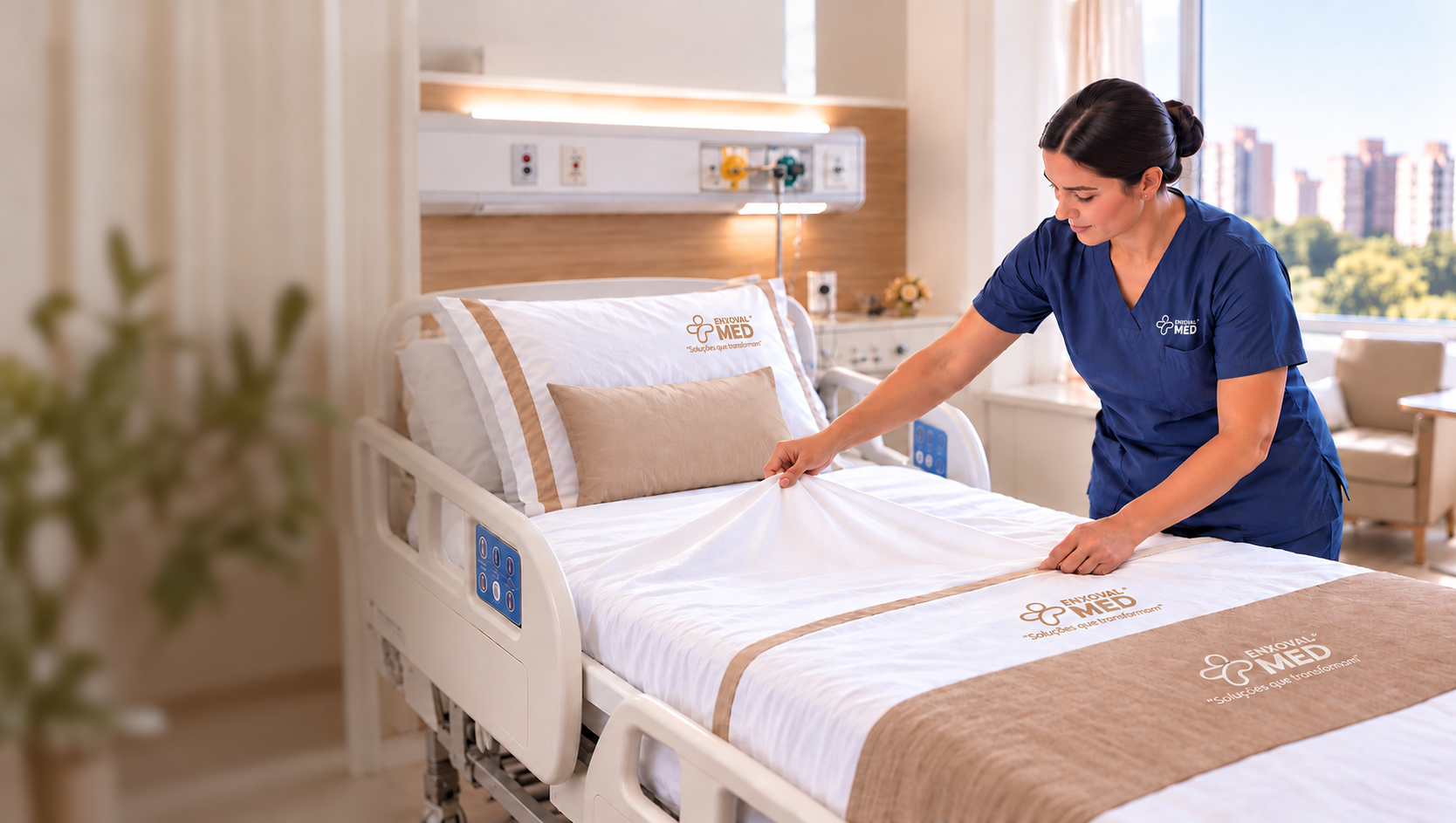 Profissional de enfermagem arrumando um leito hospitalar, com a marca EnxovalMed bordada no conjunto privativo e nas roupas de cama