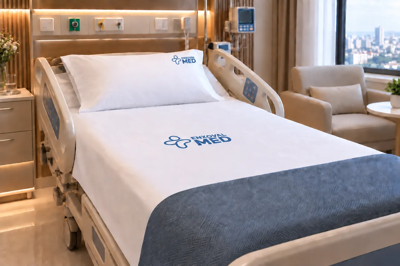 Leito com lençol de silk e a marca em azul